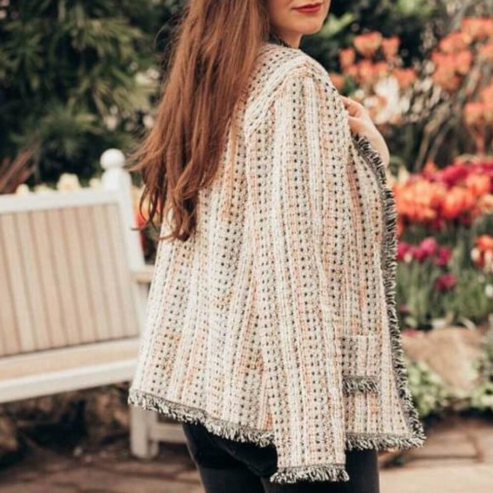 Anthropologie Eva Franco Reston Tweed Blazer Jacket Small Fringe Trim Open Front - Picture 2 of 13